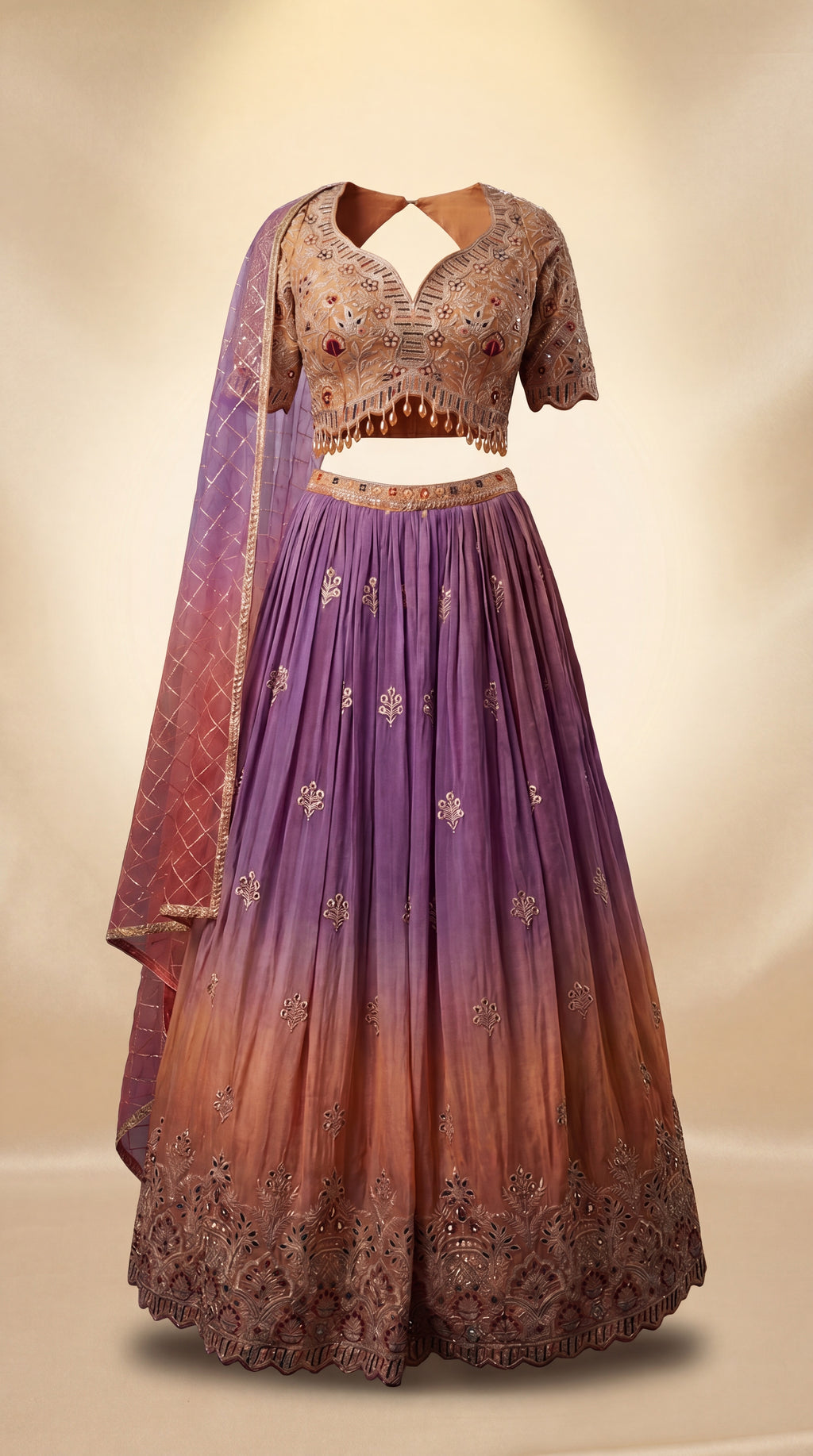 Mauve Sunset Ombre Bridal Lehenga Set — Zardozi Choli, Ombre Silk Skirt & Kiran-Jaal Dupatta