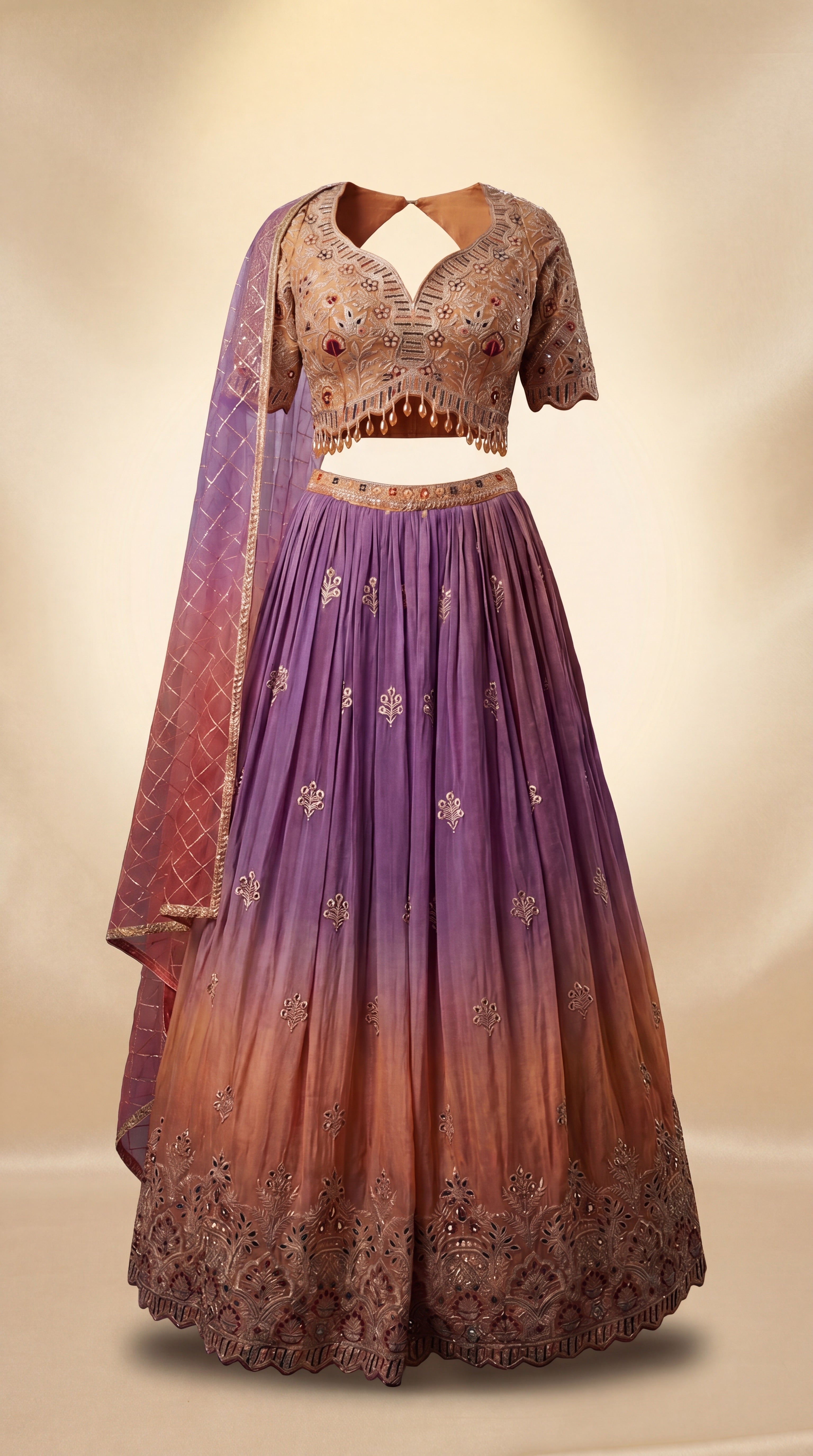 Mauve Sunset Ombre Bridal Lehenga Set — Zardozi Choli, Ombre Silk Skirt & Kiran-Jaal Dupatta
