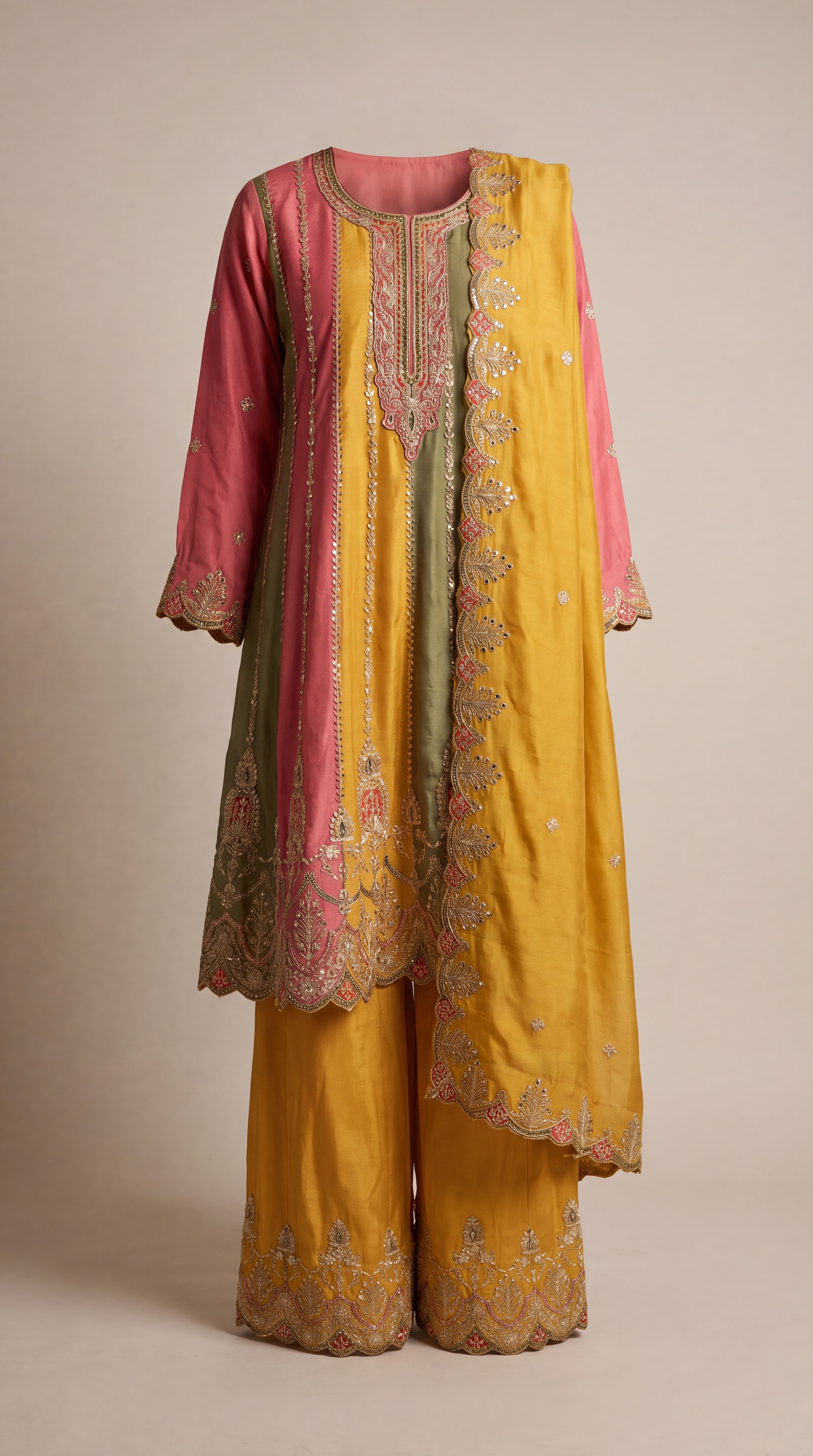 Rangeela Mehndi Kurta Set — Mehndi Green, Haldi & Coral / Gold