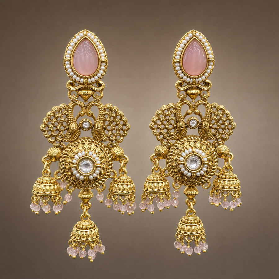 Antique gold peacock triple jhumka earrings with blush pink drops