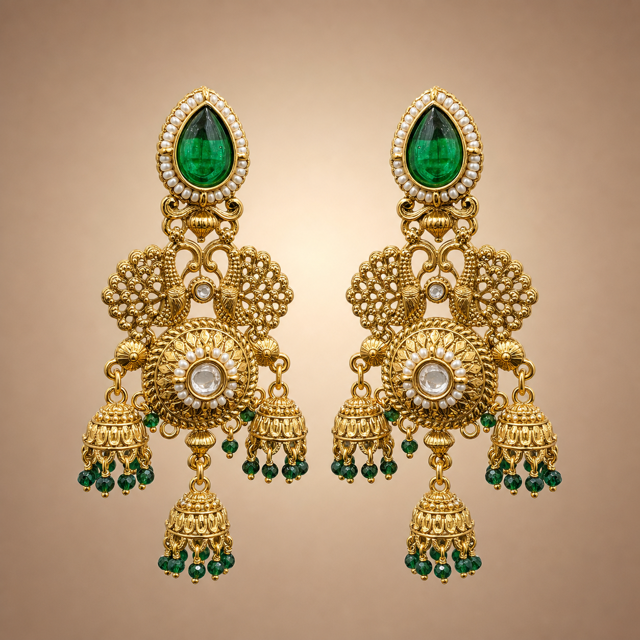 Antique gold peacock triple jhumka earrings with emerald green drops