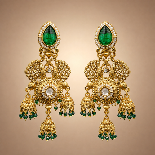Antique gold peacock triple jhumka earrings with emerald green drops