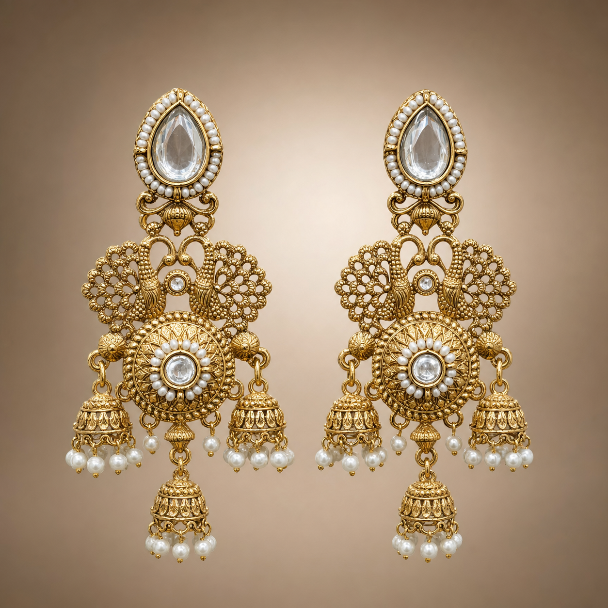 Antique gold peacock triple jhumka earrings with clear stones and white pearl-like drops