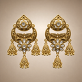 Antique gold chandbali triple jhumka earrings with clear stones and gold ball drops