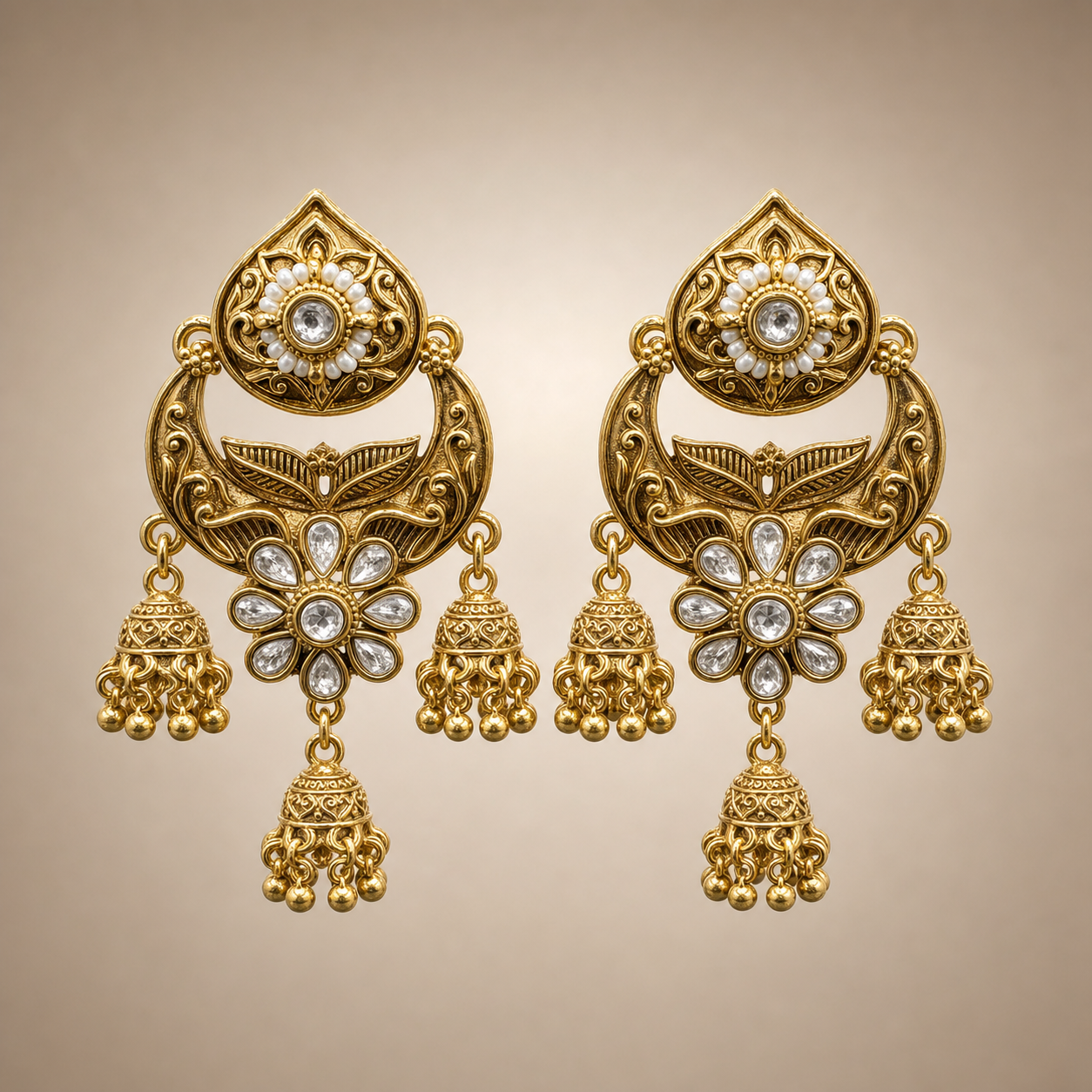 Antique gold chandbali triple jhumka earrings with clear stones and gold ball drops