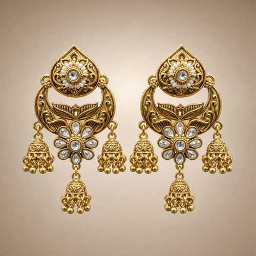 Antique gold chandbali triple jhumka earrings with clear stones and gold ball drops