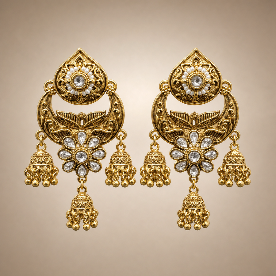 Antique gold chandbali triple jhumka earrings with clear stones and gold ball drops