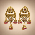 Antique gold chandbali triple jhumka earrings with ruby pink accents