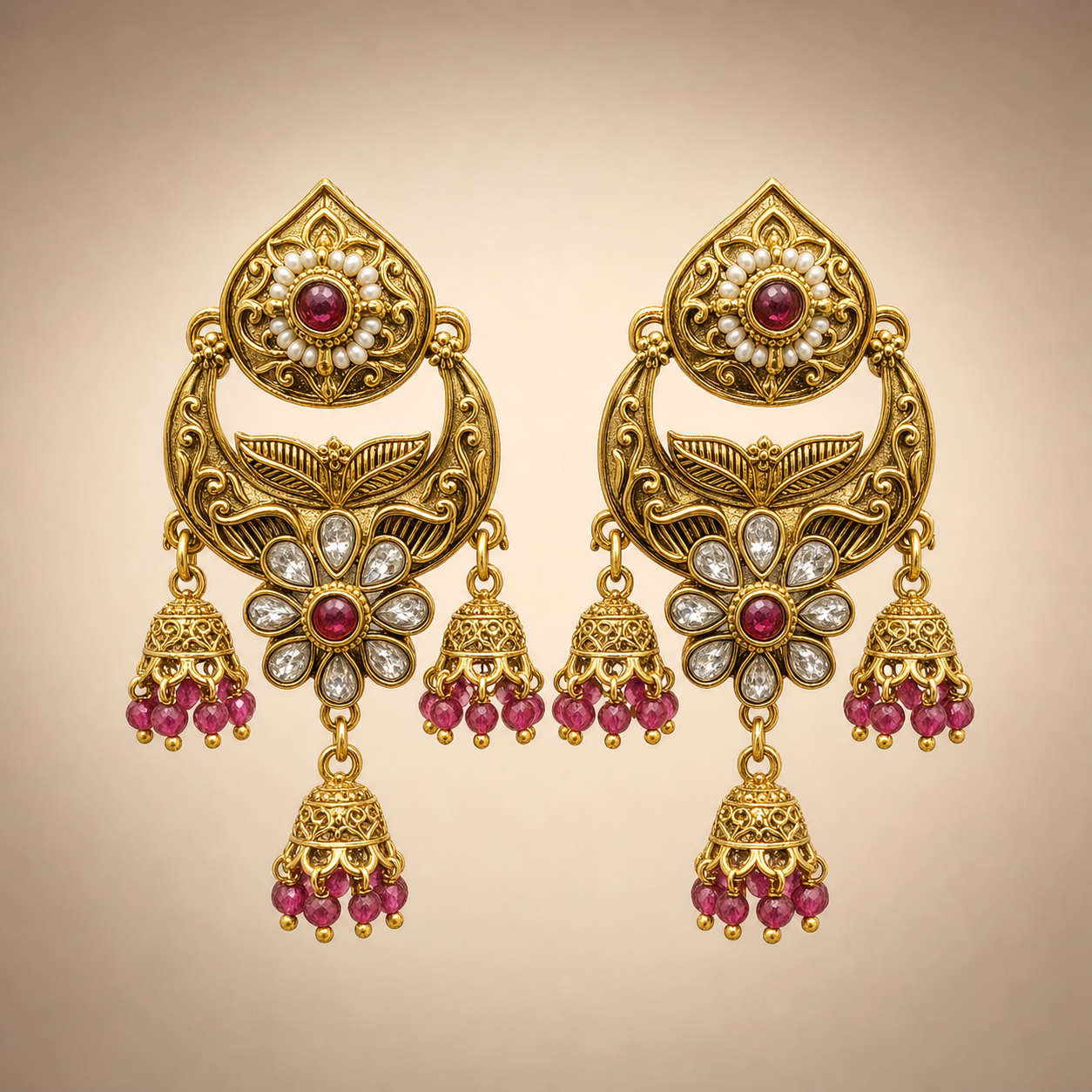 Antique gold chandbali triple jhumka earrings with ruby pink accents