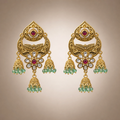 Antique gold chandbali triple jhumka earrings with ruby magenta and mint green accents