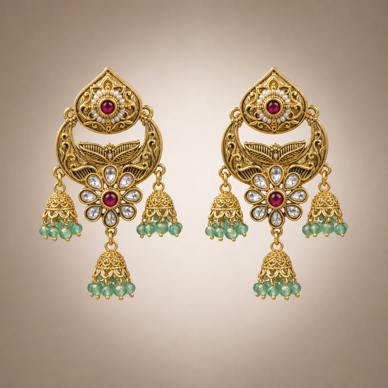 Antique gold chandbali triple jhumka earrings with ruby magenta and mint green accents