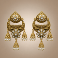Antique gold chandbali triple jhumka earrings with clear stones and white pearl-like drops