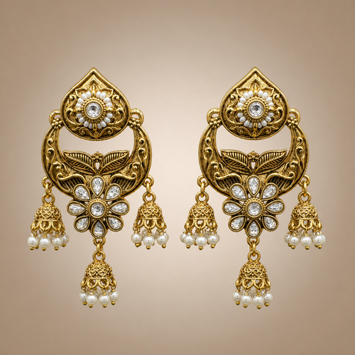 Antique gold chandbali triple jhumka earrings with clear stones and white pearl-like drops