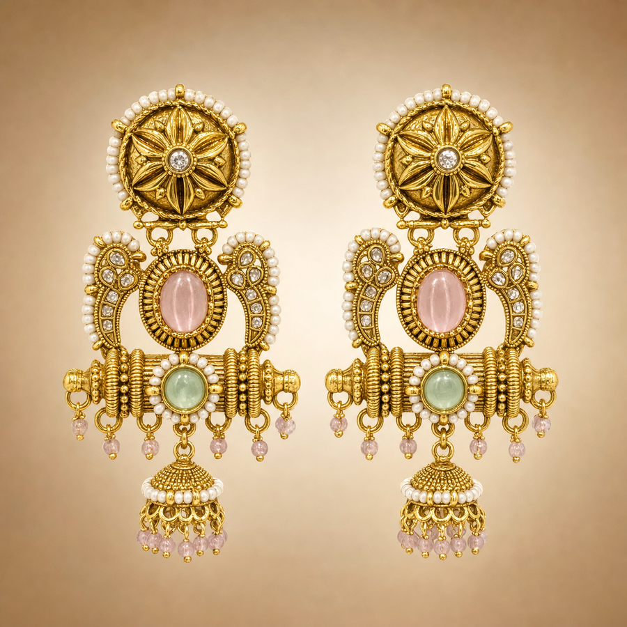 Antique gold paisley single jhumka earrings with blush pink and mint green accents