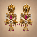 Antique gold paisley single jhumka earrings with fuchsia and clear accents