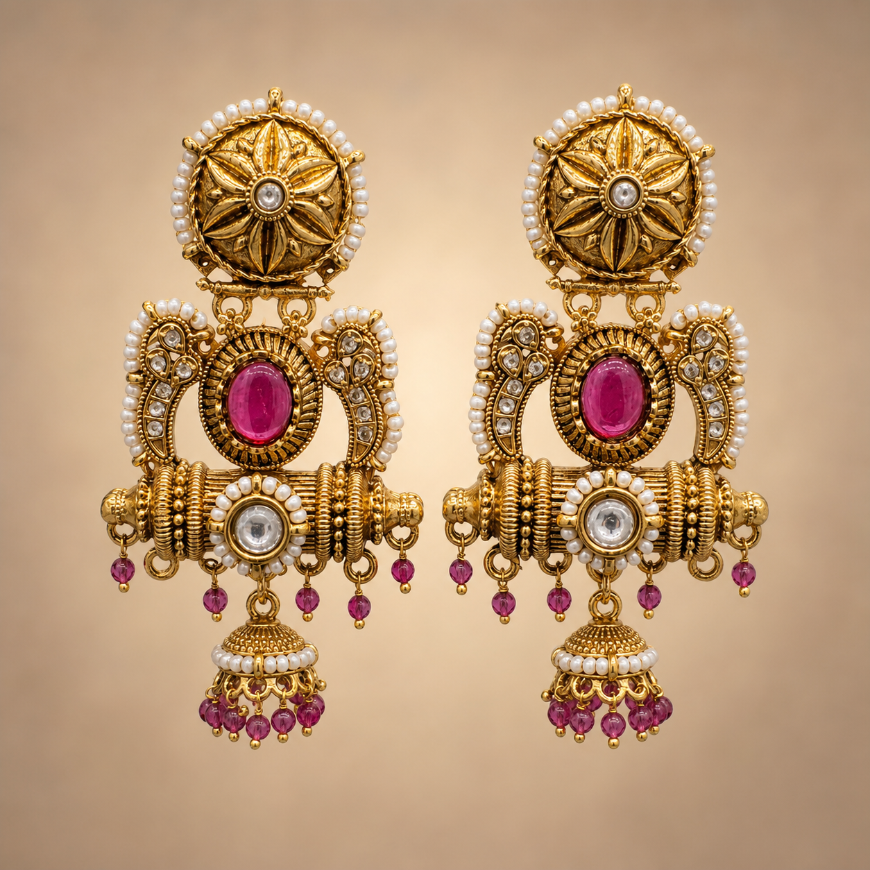 Antique gold paisley single jhumka earrings with fuchsia and clear accents