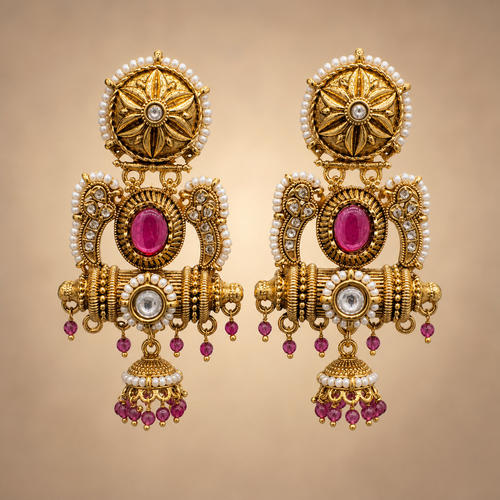 Antique gold paisley single jhumka earrings with fuchsia and clear accents