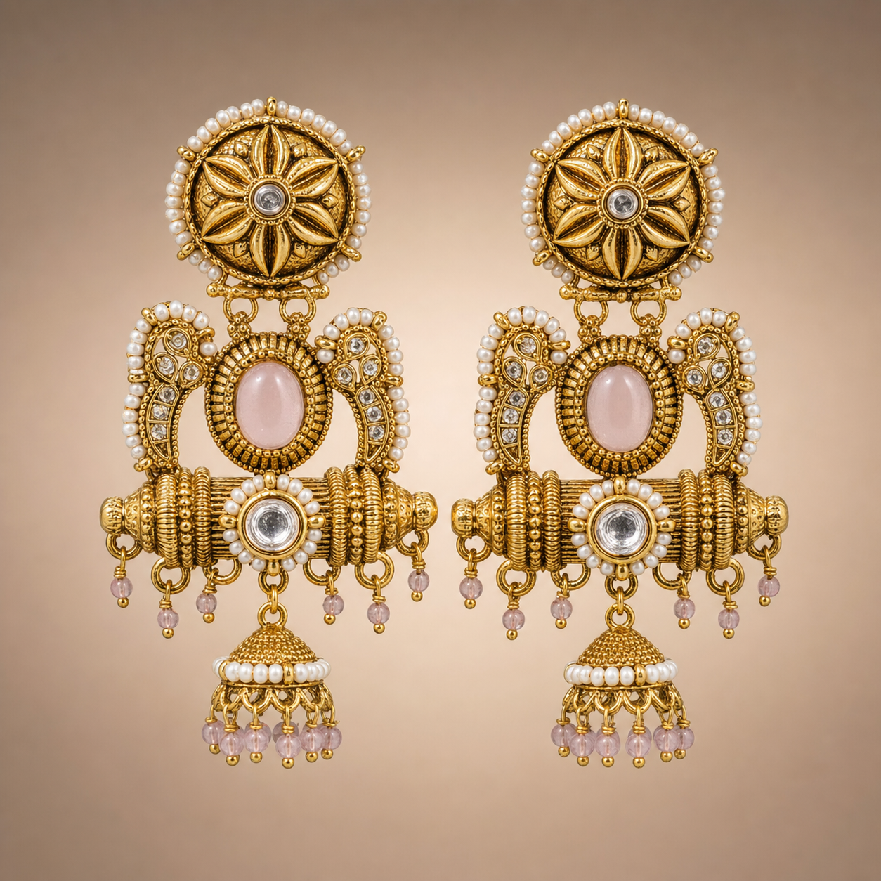 Antique gold paisley single jhumka earrings with pale blush pink and clear accents