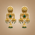 Antique gold paisley single jhumka earrings with emerald green and clear accents
