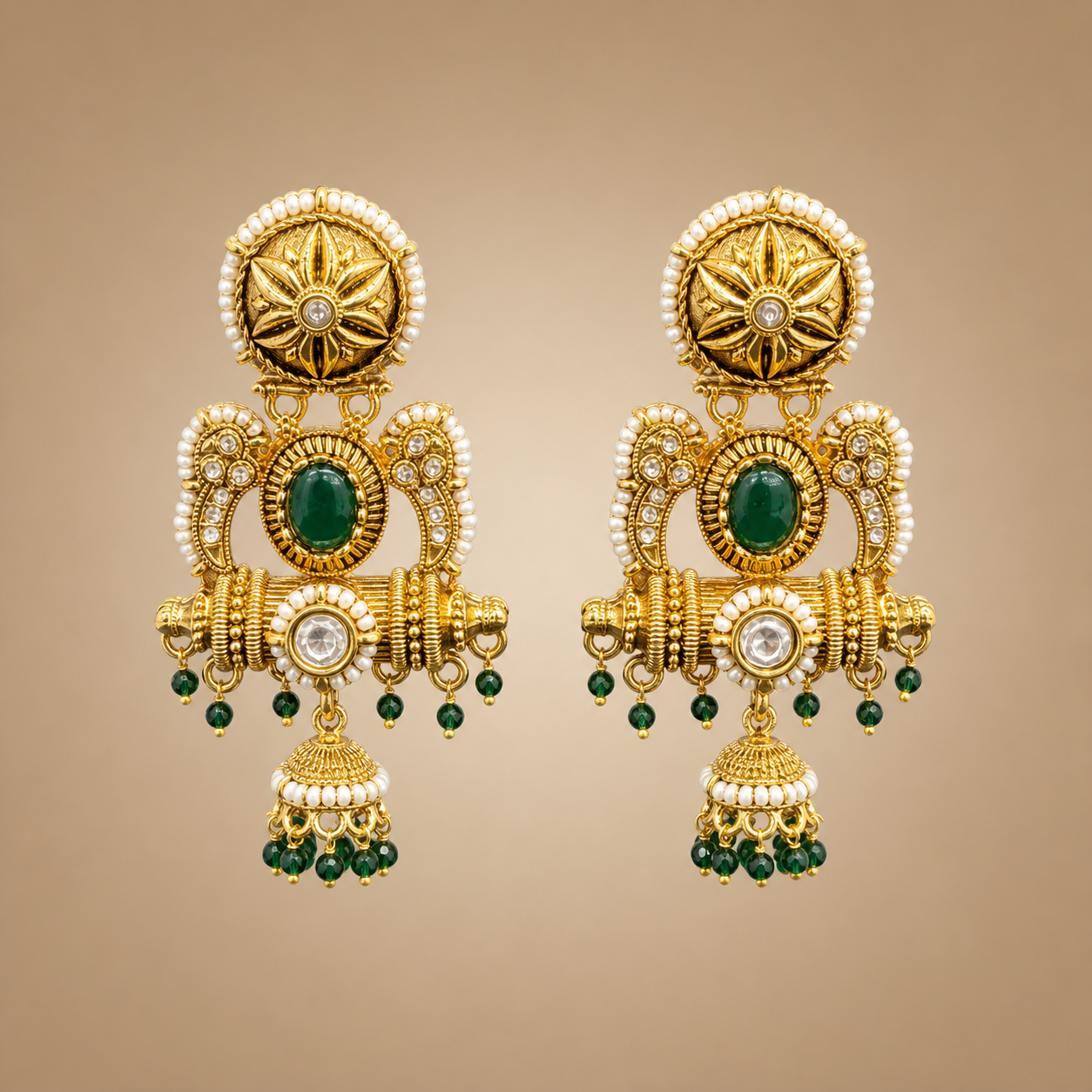 Antique gold paisley single jhumka earrings with emerald green and clear accents