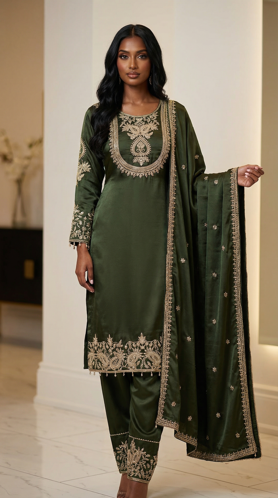Mehr olive embroidered three-piece women's suit — product photo 1 of 10