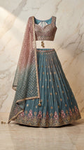 Silver Gulab Lehenga Set - Indian bridal wedding lehenga with silver rose gulab embroidery - view 1