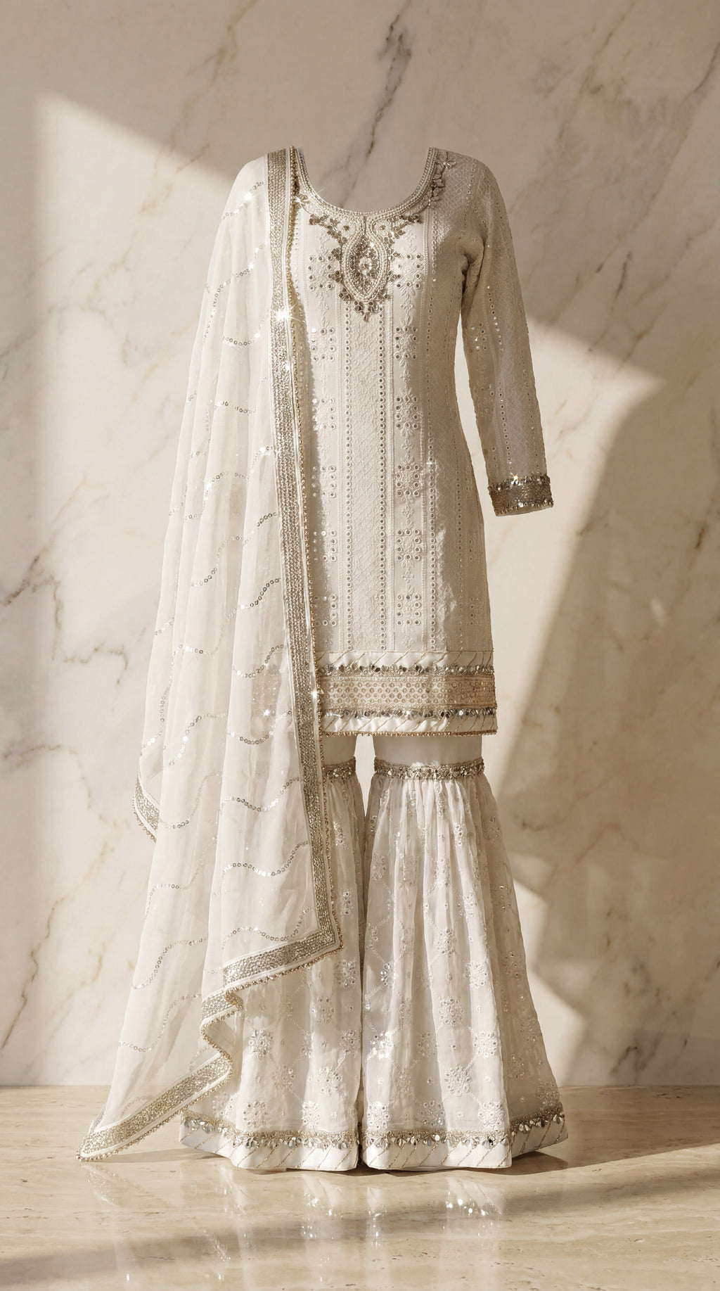 Chandni Aaina Sharara Set - ivory Pakistani bridal sharara with mirror work and chikankari embroidery - view 1