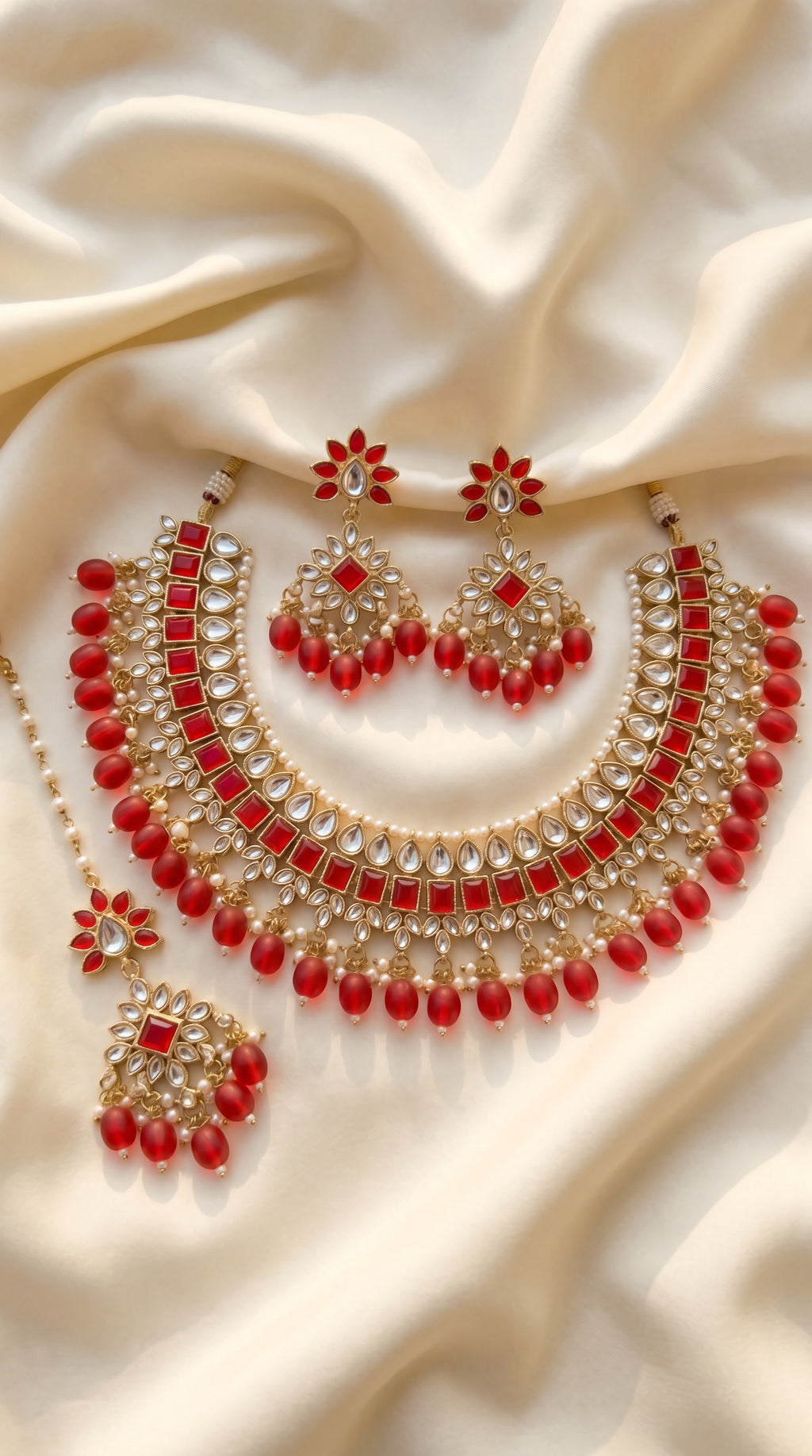 Crimson Kundan Statement Necklace Set - Indian bridal kundan jewelry with red stones - view 1