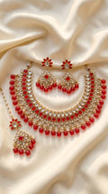 Crimson Kundan Statement Necklace Set - Indian bridal kundan jewelry with red stones - view 1