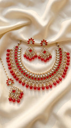 Crimson Kundan Statement Necklace Set - Indian bridal kundan jewelry with red stones - view 1