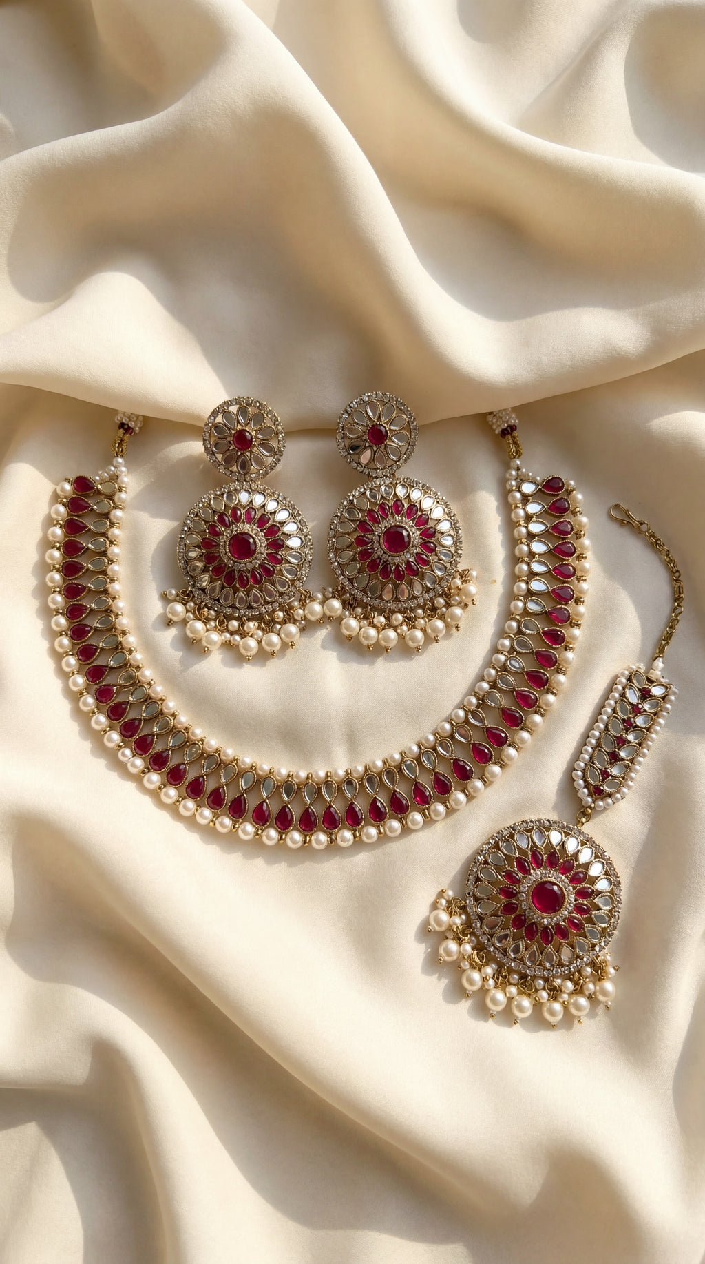 Ruby Mirror Statement Necklace Set - Indian bridal jewelry with ruby stones and mirror work - view 9