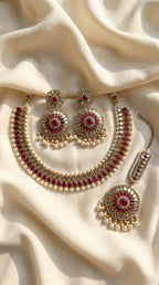Ruby Mirror Statement Necklace Set - Indian bridal jewelry with ruby stones and mirror work - view 9