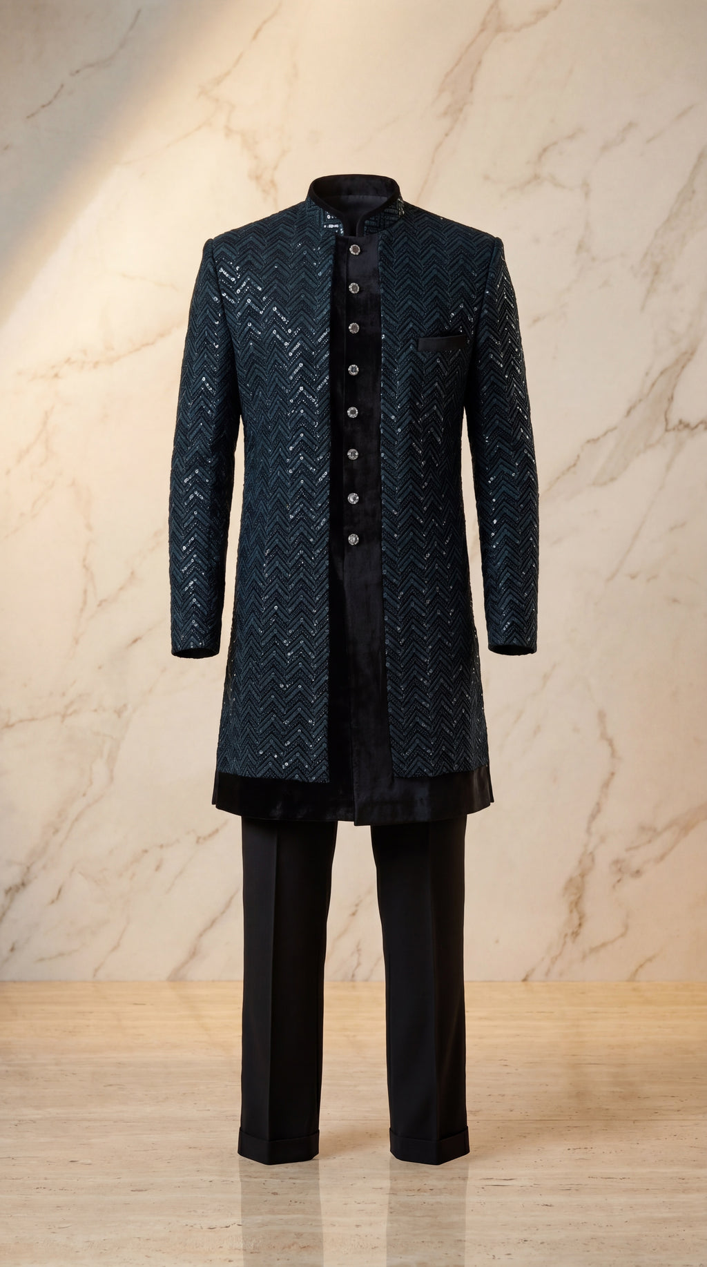 Onyx Chevron Sequin Velvet Sherwani Set - Indian groom wedding sherwani with sequin embroidery and velvet base - view 1