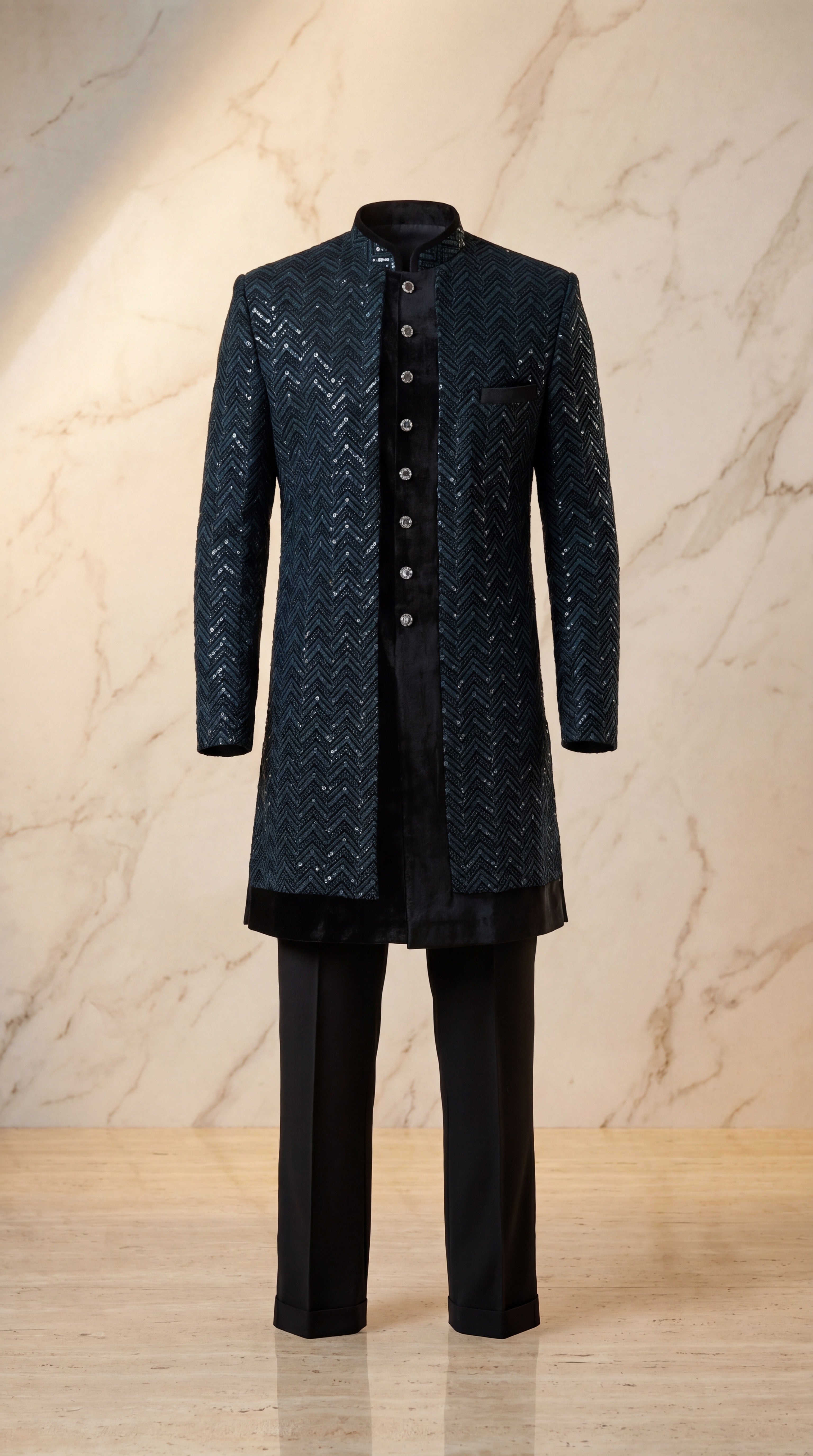 Onyx Chevron Sequin Velvet Sherwani Set - Indian groom wedding sherwani with sequin embroidery and velvet base - view 1
