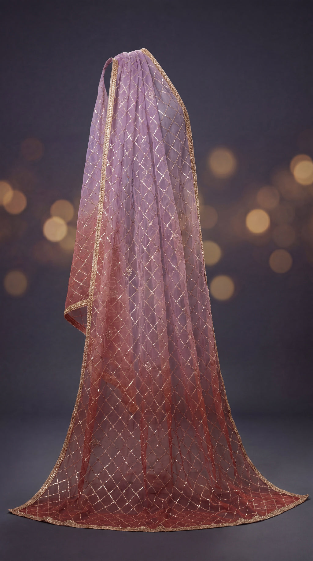 Mauve Sunset Ombre Bridal Lehenga Set — Zardozi Choli, Ombre Silk Skirt & Kiran-Jaal Dupatta