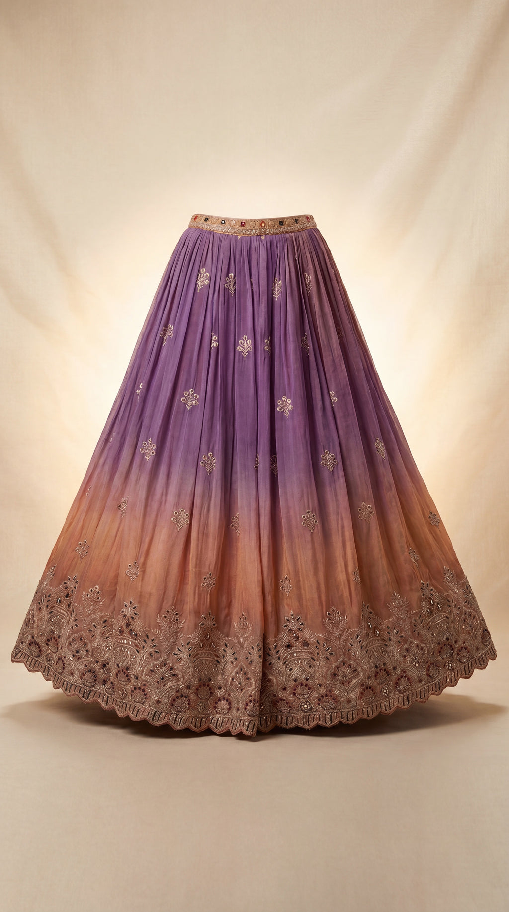 Mauve Sunset Ombre Bridal Lehenga Set — Zardozi Choli, Ombre Silk Skirt & Kiran-Jaal Dupatta