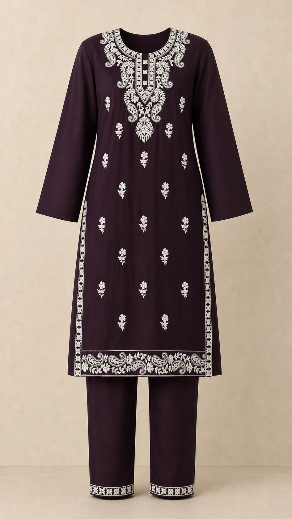 Afsana Plum Plus-Size Cotton Embroidered 3-Piece Set kurta and trousers front view