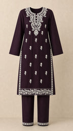 Afsana Plum Plus-Size Cotton Embroidered 3-Piece Set kurta and trousers front view