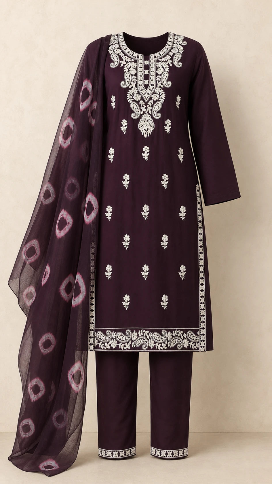 Afsana Plum Plus-Size Cotton Embroidered 3-Piece Set complete three-piece set with dupatta