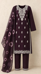 Afsana Plum Plus-Size Cotton Embroidered 3-Piece Set complete three-piece set with dupatta