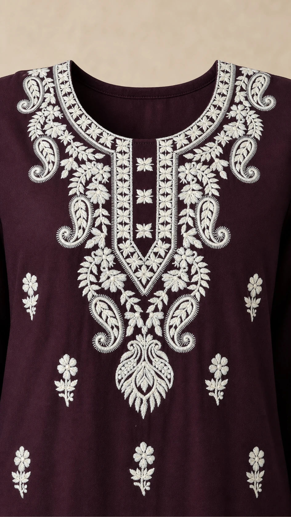 Afsana Plum Plus-Size Cotton Embroidered 3-Piece Set ivory embroidered neckline detail