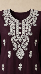 Afsana Plum Plus-Size Cotton Embroidered 3-Piece Set ivory embroidered neckline detail
