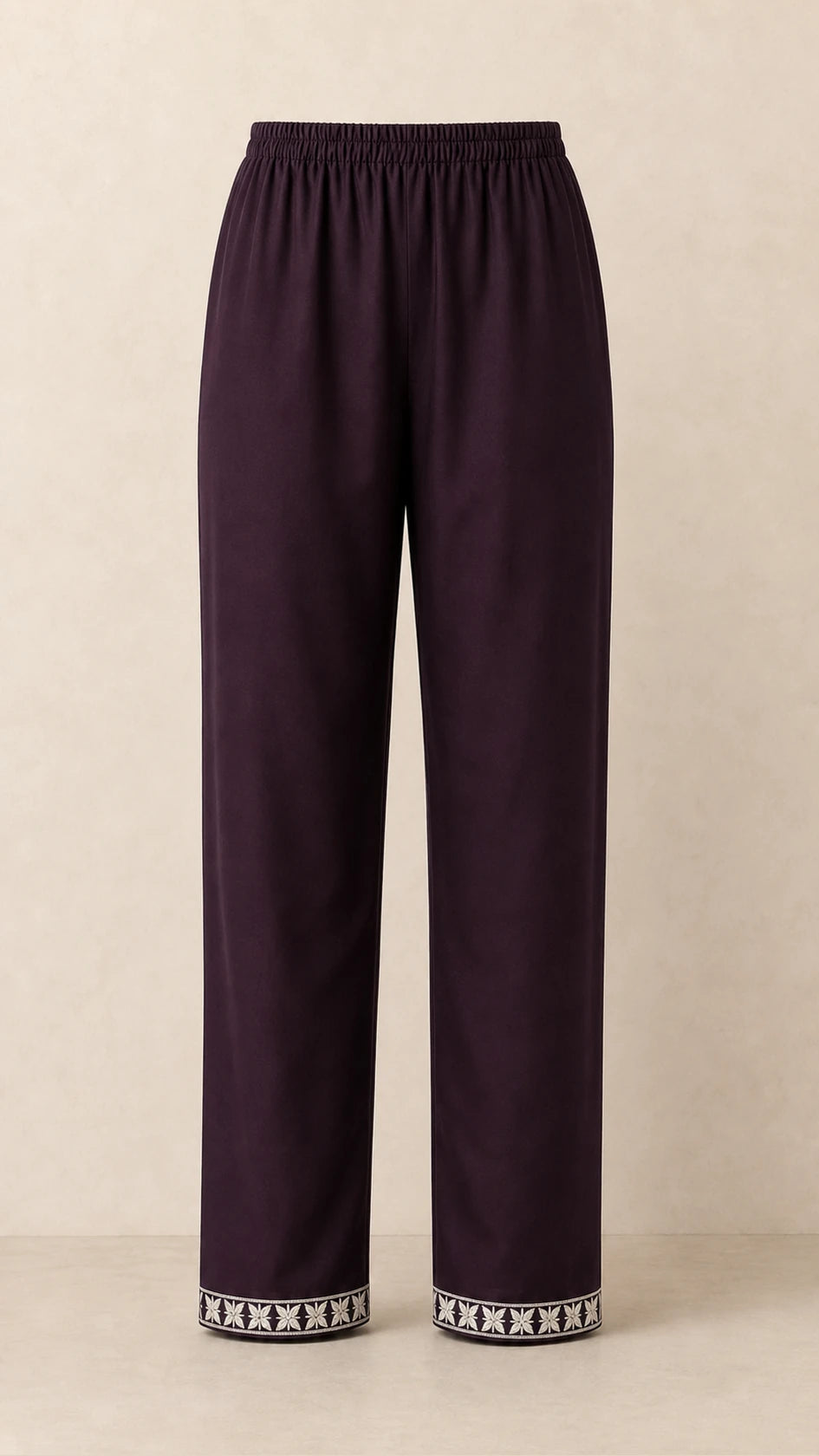 Afsana Plum Plus-Size Cotton Embroidered 3-Piece Set matching plum trousers with embroidered ankles