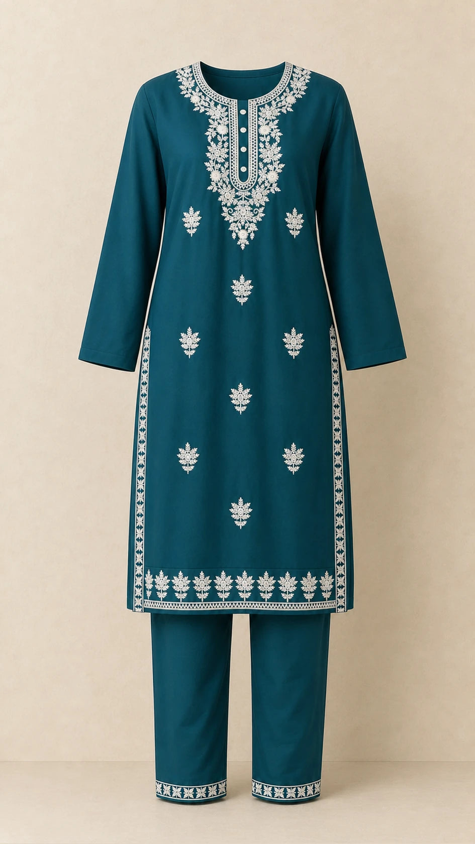 Darya Petrol Teal Plus-Size Cotton Embroidered 3-Piece Set kurta and trousers front view