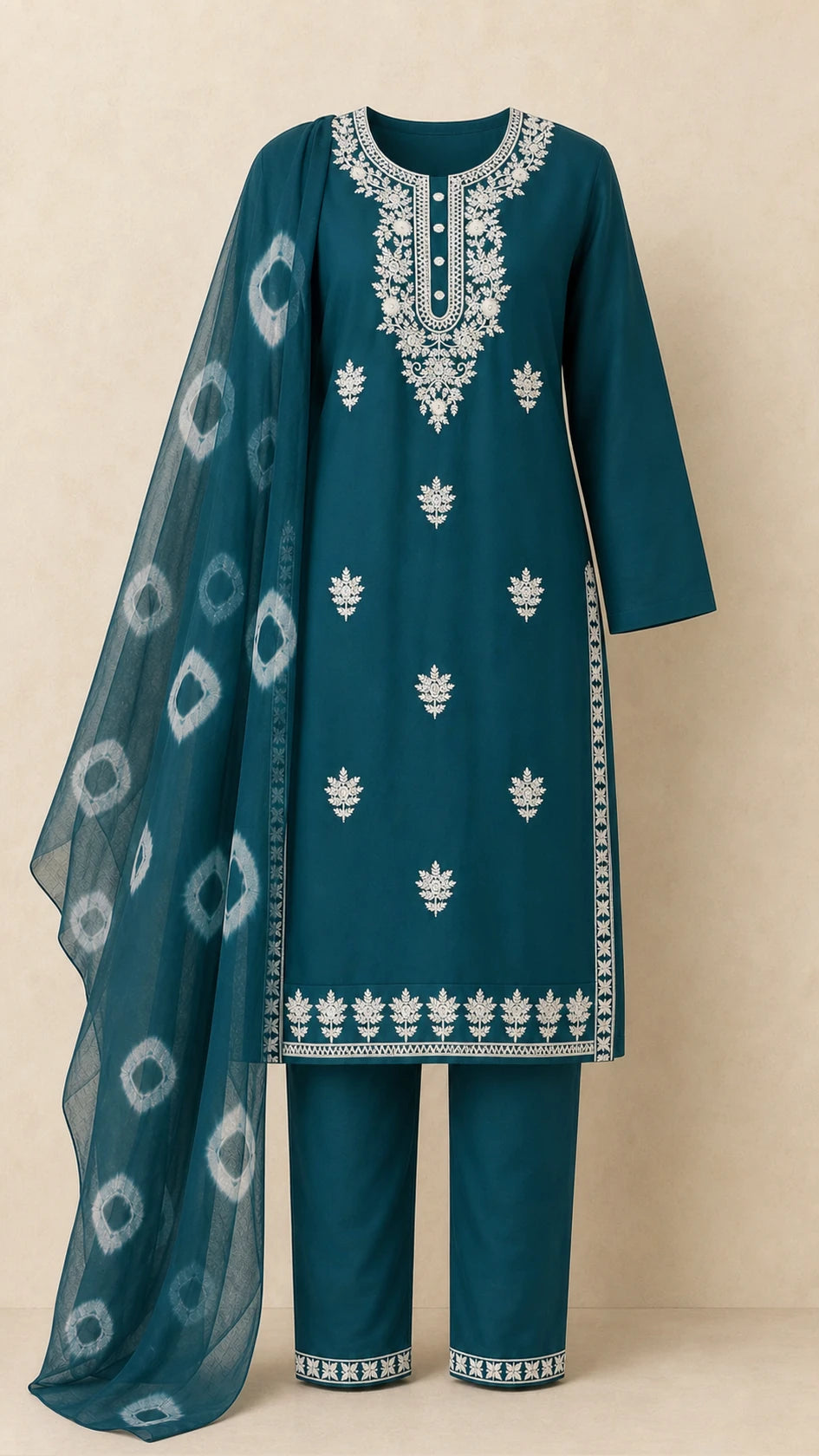 Darya Petrol Teal Plus-Size Cotton Embroidered 3-Piece Set complete three-piece set with dupatta