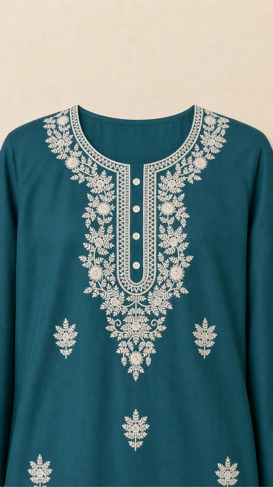 Darya Petrol Teal Plus-Size Cotton Embroidered 3-Piece Set ivory embroidered neckline detail