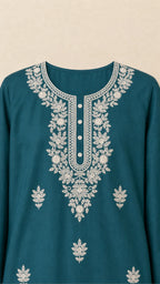 Darya Petrol Teal Plus-Size Cotton Embroidered 3-Piece Set ivory embroidered neckline detail