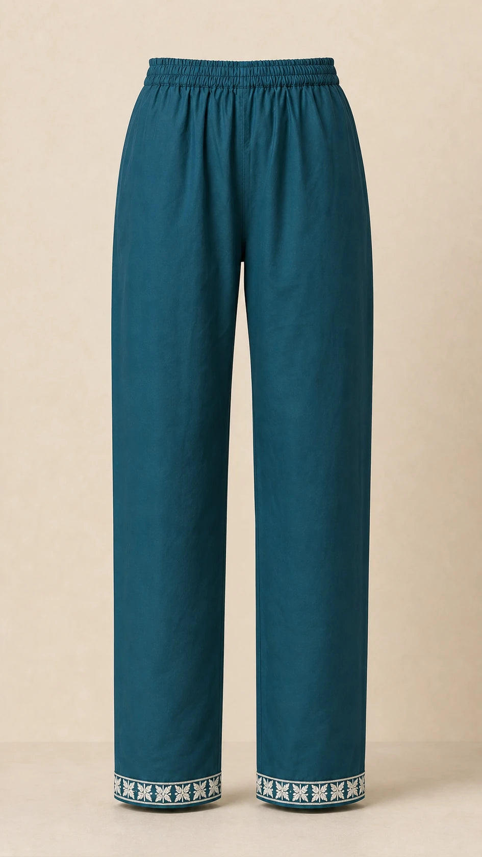 Darya Petrol Teal Plus-Size Cotton Embroidered 3-Piece Set matching petrol teal trousers with embroidered ankles