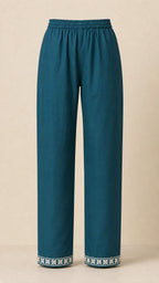 Darya Petrol Teal Plus-Size Cotton Embroidered 3-Piece Set matching petrol teal trousers with embroidered ankles