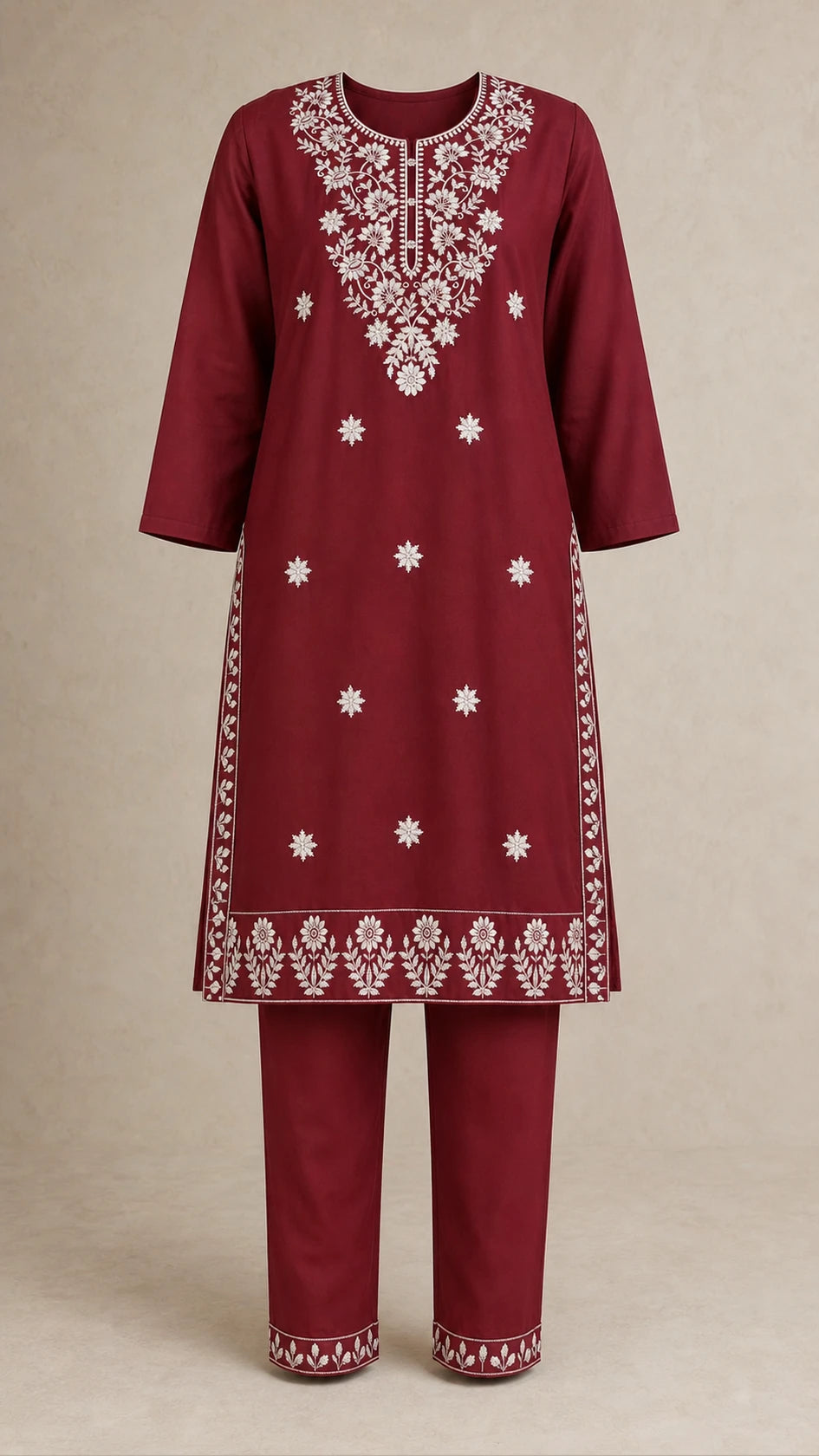 Gulnaar Garnet Plus-Size Cotton Embroidered 3-Piece Set kurta and trousers front view